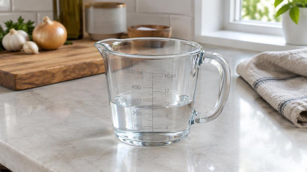 A photograph of a single clear glass measuring cup resting on a pale stone kitchen counter, composed horizontally in a 16:9 landscape frame. The cup is the hero of the scene, shown at a natural three-quarter angle with its sturdy handle, pouring spout, and subtle measurement markings clearly visible. A small amount of water sits inside, catching the soft daylight from a nearby window. In the softly blurred background, a clean modern kitchen setting includes a wooden cutting b