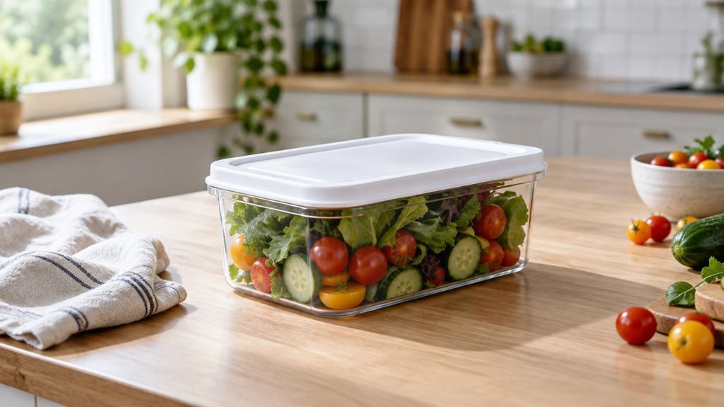 A photograph of a single clear, rectangular 1000 ml food container with a crisp white lid, resting on a light oak kitchen counter beside a casually folded linen tea towel. The container is filled with colorful cherry tomatoes, cucumber slices, and leafy greens, visible through its transparent sides. A few loose vegetables and a small ceramic bowl sit nearby, suggesting an everyday kitchen setting without looking staged. The container is the sharp, central hero of a horizontal