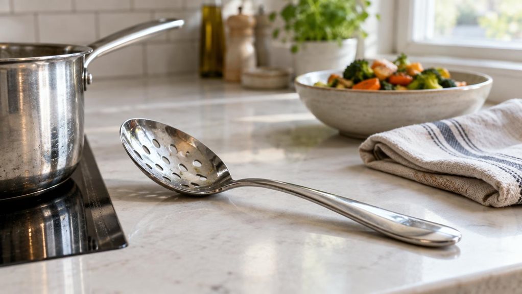 A photograph of a single stainless-steel slotted spoon resting naturally beside a saucepan on a clean, modern kitchen counter, composed as a horizontal 16:9 landscape scene. The spoon is the clear hero: its polished, gently curved handle and oval perforated bowl catch the light, with subtle reflections and realistic signs of everyday use. Nearby, a folded linen tea towel and a small bowl of freshly cooked vegetables suggest a relaxed home-cooking setting without distracting f