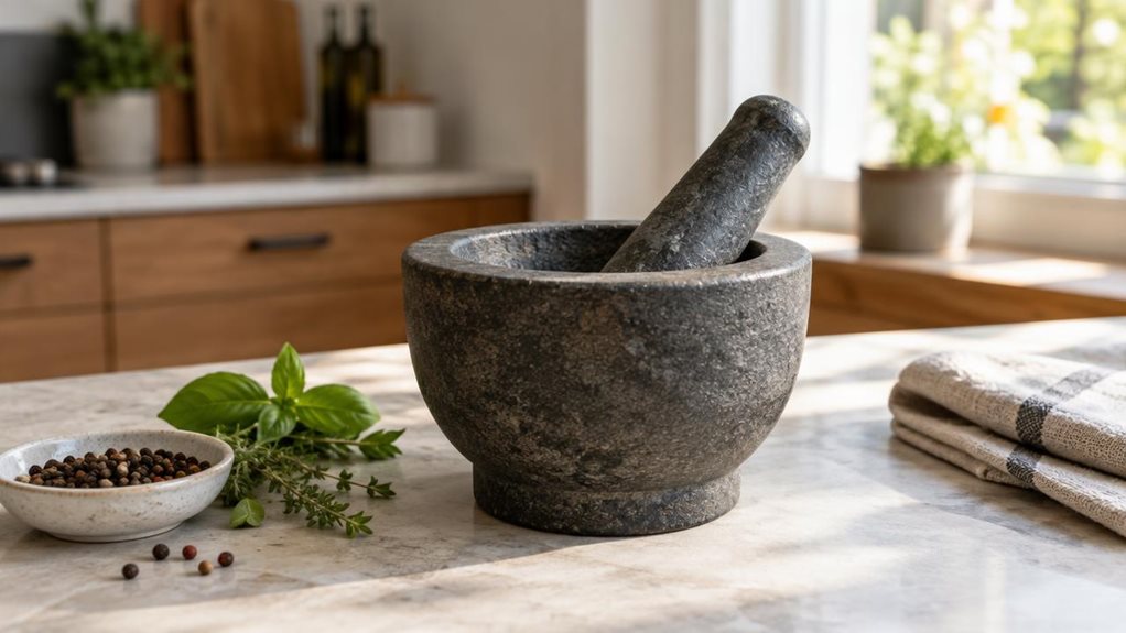 A photograph of a single dark-gray stone mortar with its matching pestle, resting on a pale stone kitchen countertop in a horizontally composed 16:9 landscape scene. The mortar is the clear hero, its gently textured surface and sturdy rounded form sharply in focus. Nearby, a small dish of peppercorns, a few fresh herb leaves, and a folded linen towel suggest everyday cooking without cluttering the frame. In the softly blurred background, warm wooden cabinetry and a sunlit win