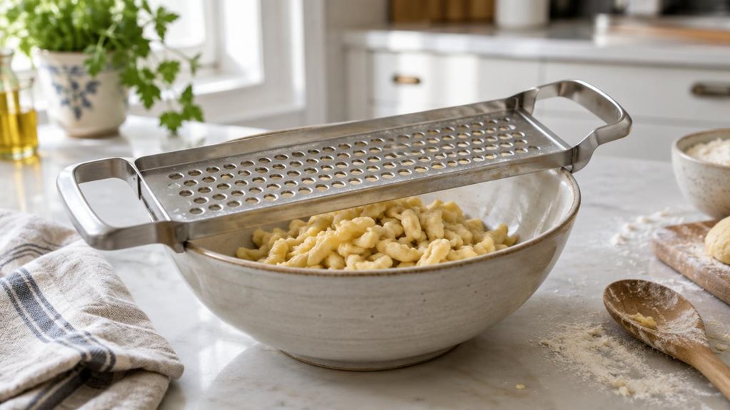A photograph of a single stainless-steel spaetzle slicer resting across the rim of a ceramic mixing bowl on a bright, lived-in kitchen counter, composed horizontally in a 16:9 landscape frame. The slicer is the clear hero, its perforated metal surface and sturdy side handles rendered with realistic brushed-steel texture, while a small mound of fresh spaetzle sits in the bowl beneath it. A folded linen towel, wooden spoon, and lightly dusted flour suggest a recent meal without