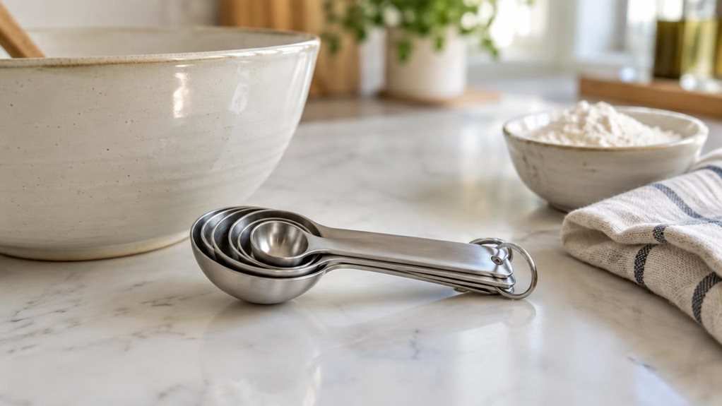 A photograph of a single stainless-steel measuring spoon set resting naturally beside a ceramic mixing bowl on a bright kitchen counter, composed horizontally in a 16:9 landscape frame. The nested spoons are the clear hero, their polished surfaces catching soft window light and showing realistic brushed-metal detail, with no visible branding or text. A folded linen tea towel and a small bowl of flour sit nearby, suggesting an everyday baking setting without making the scene f