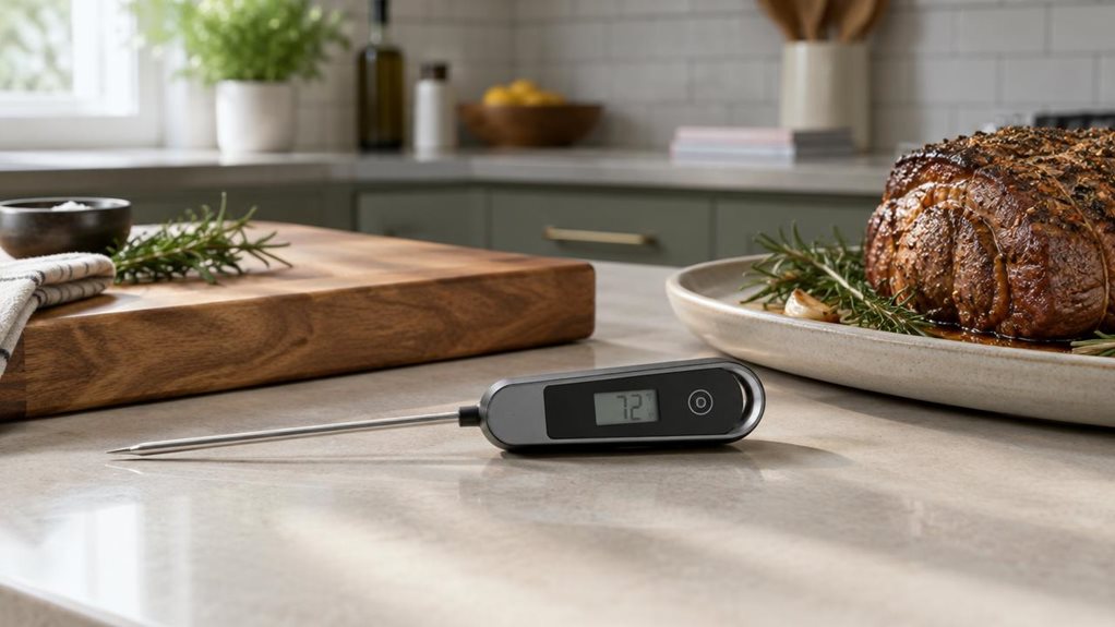 A photograph of a single smart cooking thermometer resting beside a wooden cutting board on a modern kitchen counter, composed as a horizontal 16:9 landscape scene. The sleek, compact device is the clear hero, its slim metal probe and small digital display rendered with realistic detail, but without visible logos or brand names. Nearby, a seasoned roast sits on a ceramic platter with a few sprigs of rosemary, suggesting the thermometer’s natural place in a home kitchen withou