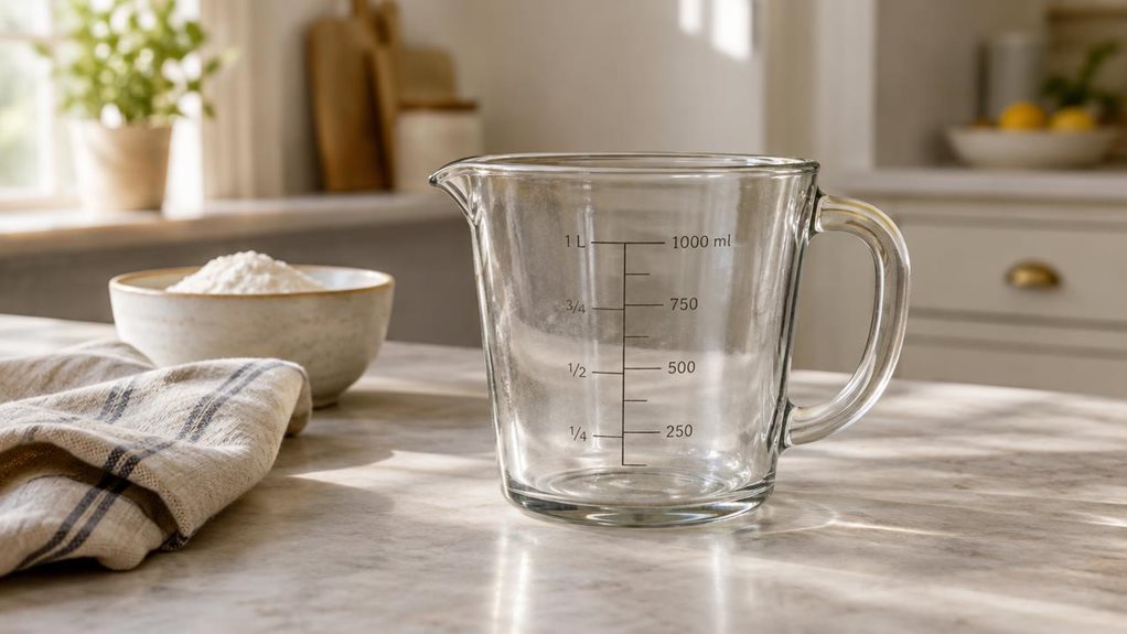 A photograph of a single vintage-style measuring beaker resting on a pale stone kitchen counter, composed horizontally in a 16:9 landscape frame. The clear glass beaker has a gently flared rim, sturdy handle, and fine, legible measurement markings, with a lightly worn, nostalgic character. Nearby, a folded linen tea towel and a small bowl of flour suggest a well-used home baking space without distracting from the hero product. The scene feels casually observed rather than sta