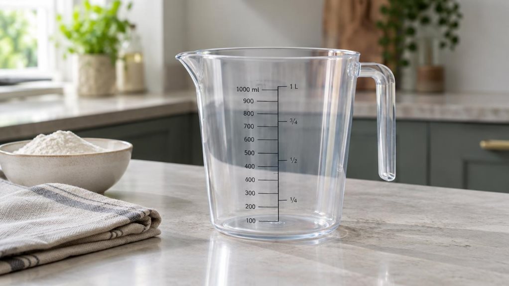 A photograph of a single clear 1-liter measuring jug resting on a pale stone kitchen countertop, composed as a horizontal 16:9 landscape scene. The jug is the hero, shown naturally in its everyday setting beside a folded linen tea towel and a small bowl of flour, with its graduated markings, sturdy handle, and pointed pouring spout clearly visible. A softly blurred, modern kitchen sits in the background, with muted cabinetry and a hint of greenery. Gentle natural window light