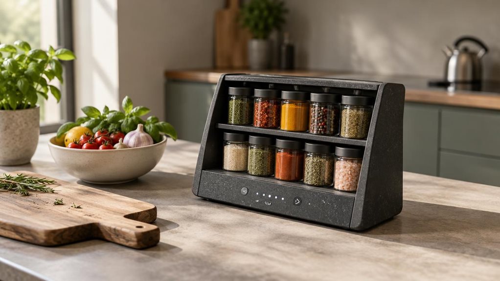 A photograph of a Pepito TouchTherm lava spice rack on a kitchen counter, composed horizontally in a 16:9 landscape frame. The single rack is the clear hero, stocked with a neat selection of small spice jars and positioned naturally beside a wooden chopping board and a ceramic bowl of fresh ingredients. Its dark, volcanic-stone-inspired finish and subtle touch controls are visible, with no logos or readable branding. The scene feels candid and observational, as if captured du