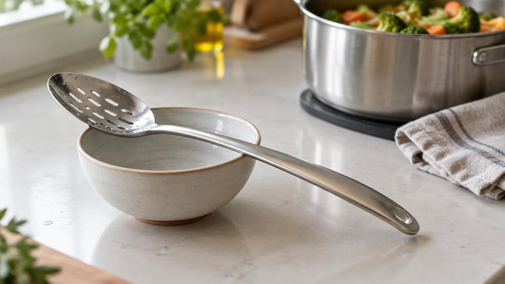 A photograph of a single stainless steel slotted spoon resting diagonally across the rim of a small ceramic bowl on a clean, modern kitchen counter. Its gently curved handle and oval perforated head are clearly visible, with subtle brushed-metal reflections and a few tiny droplets of water suggesting it has just been rinsed. Nearby, a folded linen towel and a pot of cooked vegetables sit softly out of focus, adding a natural, lived-in kitchen atmosphere without distracting fr
