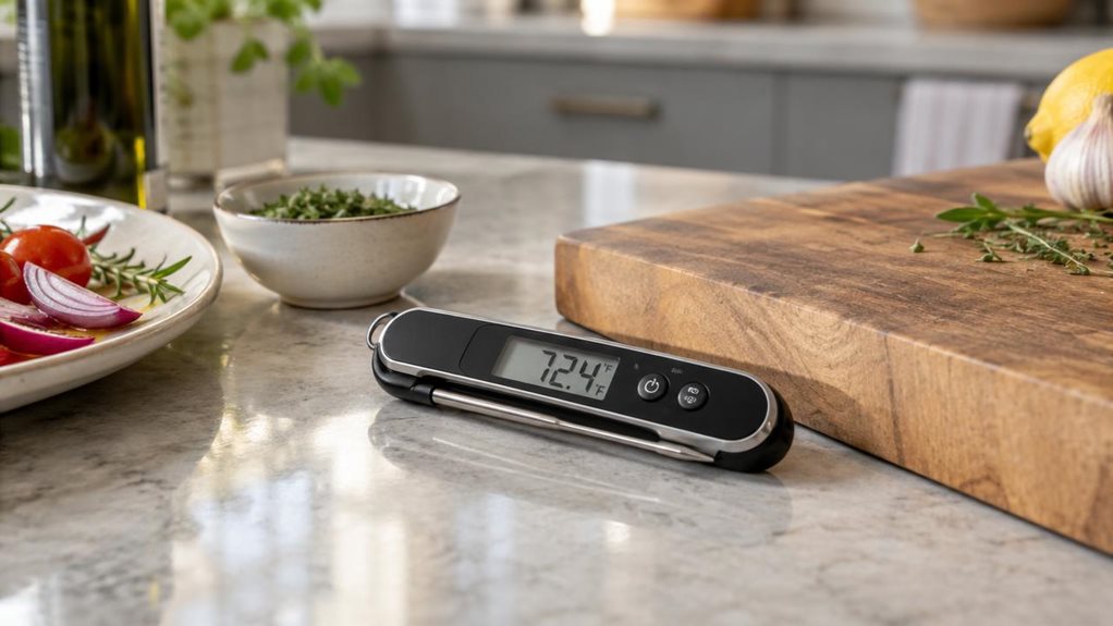 A photograph of a single digital kitchen thermometer resting beside a wooden cutting board on a home kitchen counter, composed horizontally in a 16:9 landscape frame. The thermometer is the clear hero: a compact black-and-silver handheld unit with a crisp, readable digital display and a slim stainless-steel probe folded neatly alongside it. Nearby, a small bowl of herbs and a plate of prepared ingredients suggest its everyday cooking setting without making the scene feel stag