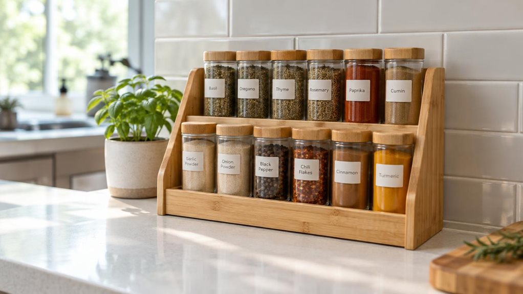 A photograph of a single two-tier bamboo spice rack resting naturally on a light kitchen countertop, its warm wood grain and stepped shelves clearly visible. Neatly arranged glass spice jars fill both levels, with simple, unbranded labels and a few different spices adding subtle color. The rack is the clear hero of the scene, positioned beside a pale tiled backsplash and a small potted herb, with the edge of a cutting board casually visible nearby. Soft daylight falls in from