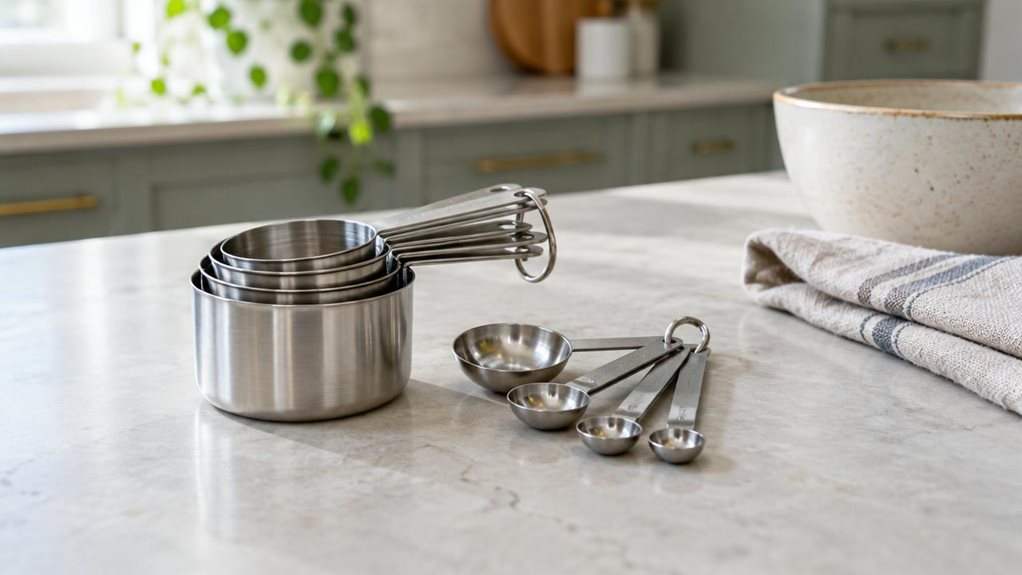 A photograph of a measuring cups and spoons set resting casually on a pale stone countertop in a bright, modern home kitchen. The single product is arranged neatly but not rigidly: nested metal measuring cups and a small fan of matching spoons, with their handles angled naturally toward the viewer. A folded linen tea towel and a ceramic bowl sit nearby, suggesting everyday baking without drawing attention from the set. The horizontally composed 16:9 landscape scene is capture