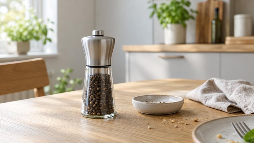 A photograph of a single manual salt and pepper grinder set, with one matching grinder presented as the hero product on a light oak dining table in a calm, modern kitchen. The grinder has a realistic, unbranded design: a clear glass body filled with coarse peppercorns, a brushed stainless-steel top, and a simple, comfortable shape. It stands beside a small ceramic dish and a casually folded linen napkin, with a few natural crumbs suggesting an everyday meal setting. The horiz