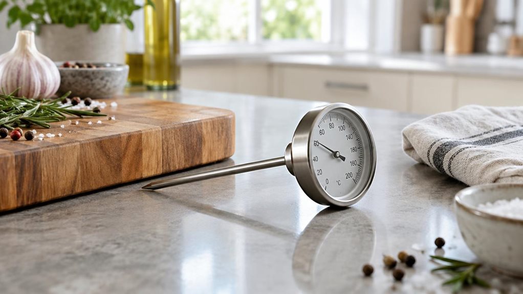 A photograph of a RÖSLE-style stainless steel gourmet thermometer resting beside a wooden cutting board on a clean, modern kitchen counter, composed as a horizontal 16:9 landscape scene. The single thermometer is the clear hero, its polished metal probe and round dial catching soft natural window light. A folded linen towel and a few understated cooking ingredients sit nearby, suggesting a well-used home kitchen without distracting from the product. The scene feels candid and