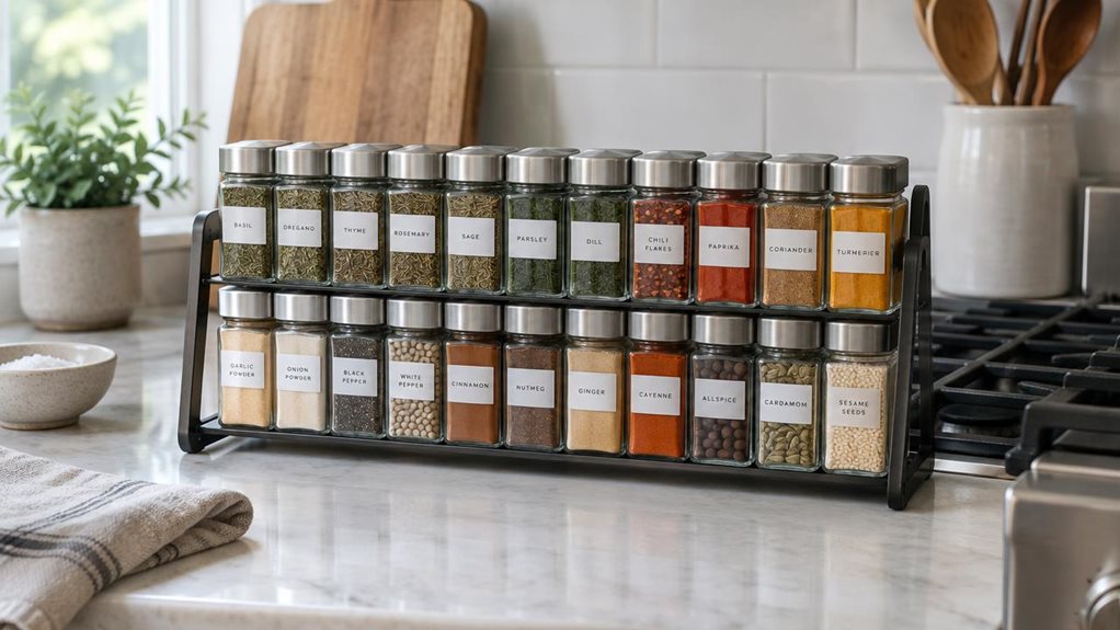 A photograph of a 24-piece spice jar organizer set arranged neatly on a kitchen counter beside a stove, captured in a horizontal 16:9 landscape composition. The square glass jars have clear sides, matching brushed-metal lids, and simple unbranded labels; they sit in a compact, orderly rack, with colorful spices visible through the glass. A few everyday kitchen details—a wooden cutting board, a folded linen towel, and a small bowl—make the scene feel naturally lived-in without