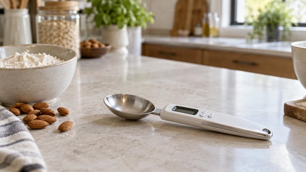 A photograph of a single digital weighing spoon resting naturally on a pale stone kitchen countertop, its slim handle and shallow measuring bowl clearly visible. The spoon sits beside a small ceramic bowl of flour and a few scattered almonds, suggesting an everyday baking setup without showing anyone mid-action. Its understated white-and-silver design feels at home in a modern kitchen, with a softly blurred background of warm wooden cabinetry, a jar of ingredients, and muted 
