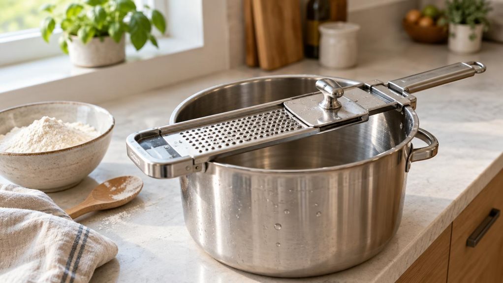 A photograph of a stainless steel Spätzle slicer resting across the rim of a wide pot on a bright, modern kitchen counter, composed as a horizontal 16:9 landscape. The single utensil is the clear hero: its polished metal frame and sliding grater plate catch soft window light, with a few tiny water droplets adding a lifelike, just-washed detail. Nearby, a bowl of flour and a wooden spoon sit casually beside a folded linen towel, suggesting homemade cooking without cluttering t