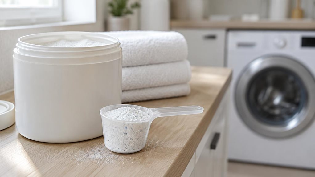 A photograph of a single detergent measuring spoon resting beside an open container of laundry powder on a clean laundry-room shelf. The spoon is the clear hero, its simple, unbranded design and fine powder dusting rendered in crisp detail; folded white towels and a glimpse of a front-loading washer establish its everyday setting. Composed horizontally in a 16:9 landscape frame, the scene feels candid and observational, as though casually captured with a high-end camera rathe