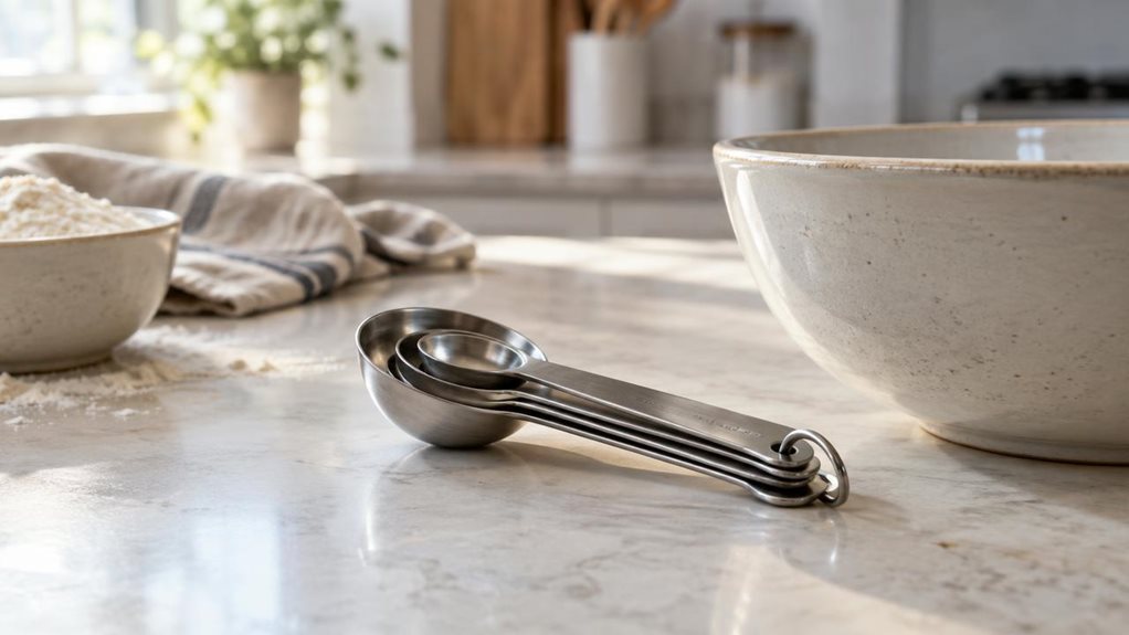 A photograph of a single stainless steel measuring spoon set resting naturally beside a ceramic mixing bowl on a pale stone kitchen counter. The spoons are nested together, their polished surfaces catching soft window light, with subtle reflections that show realistic brushed metal and gently rounded edges. A folded linen tea towel and a small bowl of flour sit nearby, suggesting an everyday baking space without appearing staged or mid-action. The scene is composed horizontal