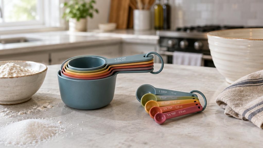 A photograph of a 10-piece measuring cup and spoon set arranged neatly on a pale stone kitchen counter, beside a ceramic mixing bowl and a folded linen tea towel. The cups and spoons nest together in a tidy, inviting display, with their measurement markings clearly visible and no packaging in sight. A few everyday baking ingredients—a small bowl of flour and a scattering of sugar—suggest the set’s natural place in a home kitchen, without making the scene feel staged. The hori