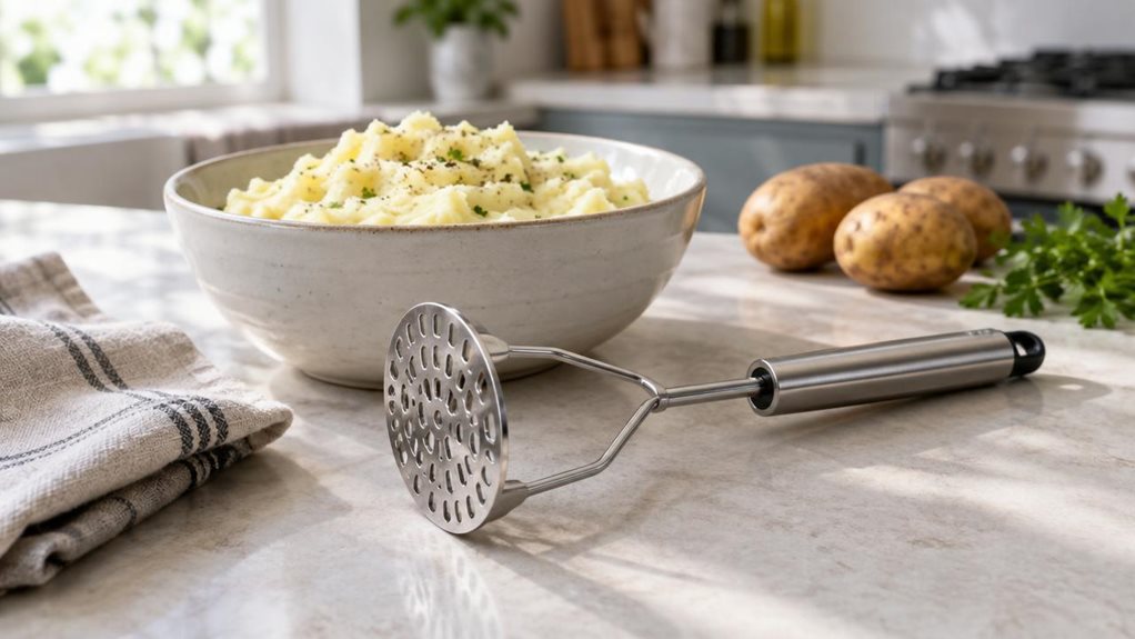 A photograph of a single stainless-steel potato masher resting naturally beside a ceramic bowl of freshly mashed potatoes on a light stone kitchen counter. Its polished metal mashing plate and sleek, detachable-looking handle are clearly visible, with no branding or text. A folded linen tea towel and a few unpeeled potatoes nearby suggest an everyday home kitchen, while remaining neatly arranged and understated. The scene is horizontally composed in a 16:9 landscape format, c