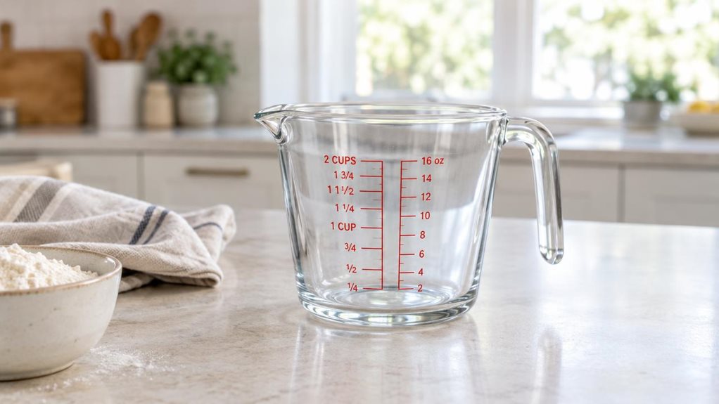 A photograph of a single clear glass measuring cup resting on a pale stone kitchen countertop in a bright, modern home kitchen. The cup has a sturdy handle, a small pouring spout, and realistic red measurement markings along its side; it is empty and clean, with subtle reflections catching the light. A folded linen tea towel and a small bowl of flour sit nearby, suggesting everyday baking without making the scene feel staged. The cup is the crisp focal point, photographed at