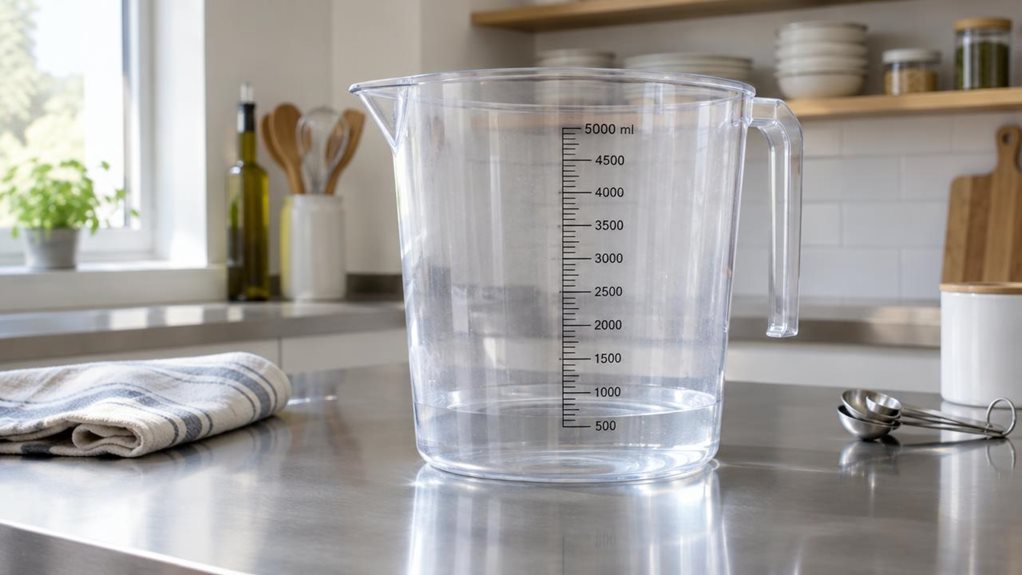 A photograph of a single 5,000 ml measuring cup resting on a clean, stainless-steel worktop in a bright, modern kitchen. The clear, sturdy plastic vessel has a wide stable base, a practical pouring spout, and crisp, easy-to-read measurement markings along its side; a small amount of water sits at the bottom, catching the light. A folded kitchen towel and a few neatly arranged utensils nearby suggest everyday use without distracting from the cup. The scene is horizontally comp