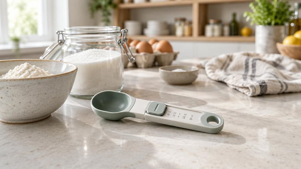 A photograph of a Joseph Joseph Measure-Up adjustable measuring spoon resting on a pale stone countertop in a bright, modern home kitchen. The single utensil is the clear hero, positioned at a slight diagonal beside a small ceramic bowl of flour and a glass jar of sugar, ready for everyday baking. Its compact sliding measure and clean, softly colored design are sharply rendered, with subtle reflections along the smooth plastic surface. In the background, softly blurred kitche