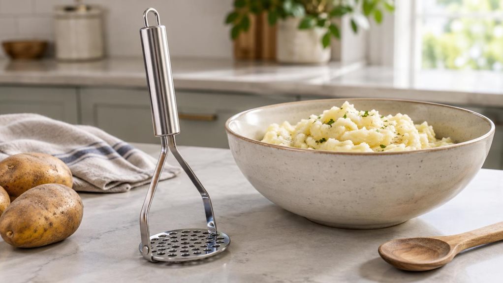 A photograph of a single compact stainless steel potato masher resting beside a ceramic bowl of freshly mashed potatoes on a light stone kitchen counter. The small tool is the clear hero, with its polished metal handle and sturdy perforated mashing plate sharply in focus; no logos or brand names are visible. A folded linen towel, a wooden spoon, and a few unpeeled potatoes sit nearby, suggesting an everyday home kitchen without looking staged. The horizontally composed 16:9 l