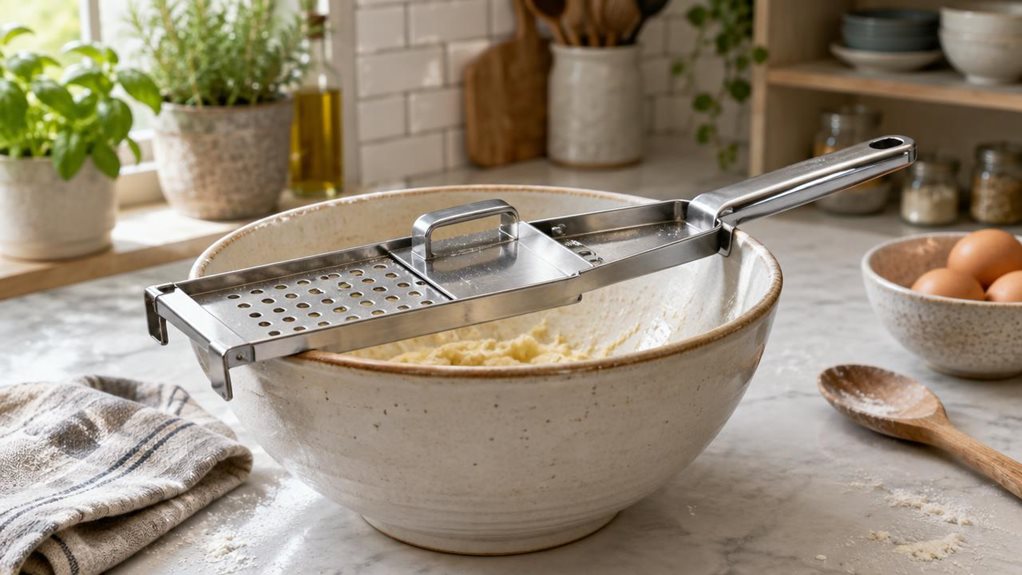 A photograph of a stainless steel spätzle slicer resting across the rim of a large ceramic mixing bowl on a bright, lived-in kitchen counter. The slicer is the clear hero, its polished metal surface and perforated sliding plate catching soft window light, with a few flecks of flour and a folded linen towel nearby. A small bowl of eggs and a wooden spoon sit casually in the background, suggesting a home kitchen without making the scene feel staged. The horizontally composed 16