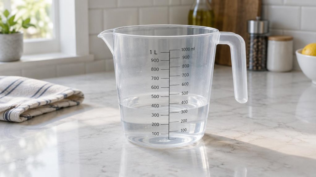 A photograph of a single clear, one-litre plastic measuring jug on a bright, uncluttered kitchen counter, composed horizontally in a 16:9 landscape frame. The jug is the hero, shown at a natural three-quarter angle with its sturdy handle, pouring spout, and crisp graduated measurement markings clearly visible. A small amount of water inside catches the soft daylight coming through a nearby window, making the transparent plastic look realistic without obscuring the scale. In t