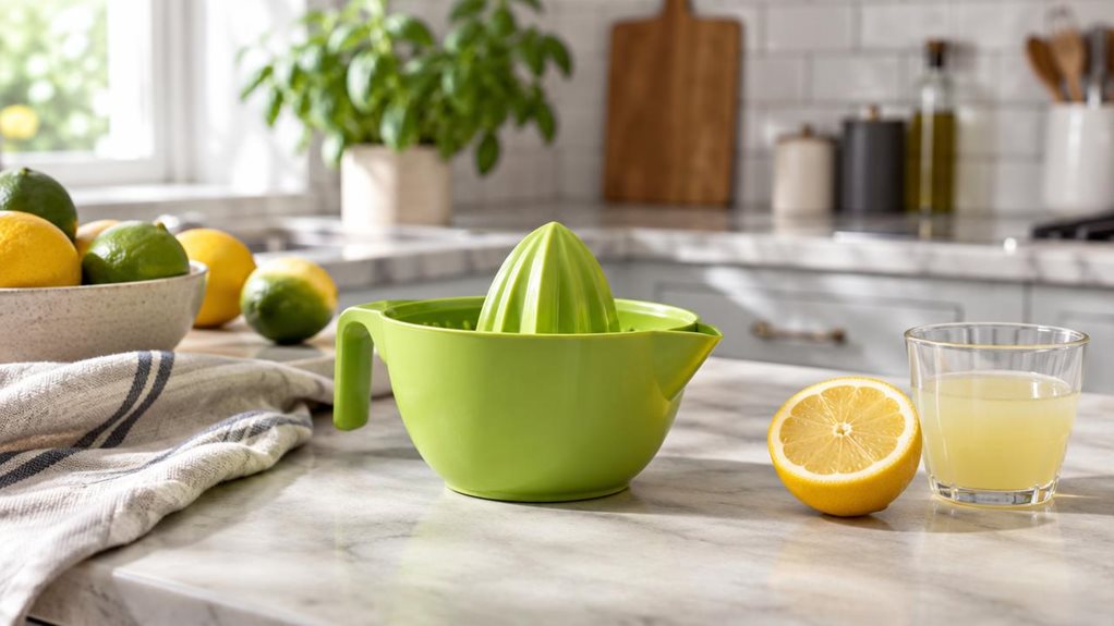 A photograph of a single compact lime-green citrus juicer resting on a pale stone kitchen countertop, its clean, gently curved shape clearly visible beside a halved lemon and a small glass of fresh juice. The scene is composed horizontally in a 16:9 landscape frame, with the juicer as the natural focal point in a bright, lived-in modern kitchen. A linen tea towel and a few citrus fruits sit casually nearby, suggesting everyday use without showing anyone or catching the juicer