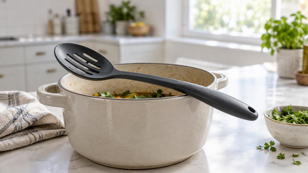 A photograph of a single slotted cooking spoon resting naturally across the rim of a ceramic pot on a bright, modern kitchen counter. The spoon has a gently curved, heat-resistant dark-gray handle and a broad, softly rounded head with evenly spaced slots; its realistic proportions and subtle surface texture make it the clear hero. A folded linen towel and a small bowl of fresh herbs sit nearby, adding quiet signs of everyday cooking without cluttering the scene. The horizonta