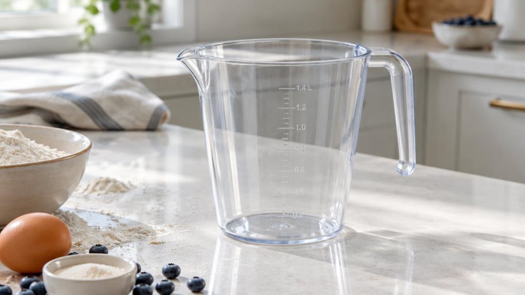 A photograph of a single clear 1.4-liter mixing cup resting on a bright kitchen counter, composed as a horizontal 16:9 landscape scene. The cup has a gently tapered shape, a sturdy handle, a small pouring spout, and subtle measurement markings molded into its transparent sides. A dusting of flour and a few scattered baking ingredients nearby suggest its everyday place in a home kitchen, while the cup itself sits undisturbed—an observational, candid moment rather than an actio