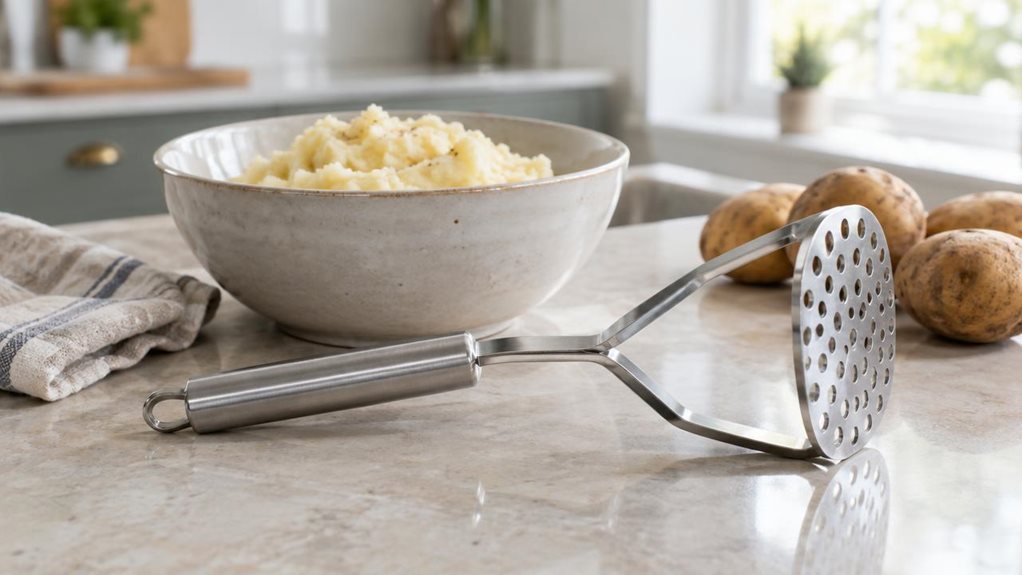 A photograph of a single stainless steel potato masher resting beside a ceramic bowl of freshly mashed potatoes on a light stone kitchen countertop. The masher is the clear hero, its polished metal handle and broad, perforated mashing plate catching the gentle window light. A folded linen tea towel and a few unpeeled potatoes sit nearby, suggesting an everyday home kitchen without looking staged. In the softly blurred background, understated cabinetry and a glimpse of a sunli