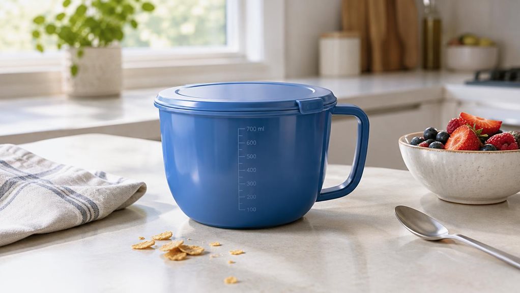 A photograph of a single blue 700 ml cereal cup resting on a light kitchen counter beside a softly folded linen napkin and a small bowl of fresh berries. The cup is the clear hero, shown at a natural three-quarter angle with its lid and practical shape visible, its smooth blue finish catching gentle morning light from a nearby window. A few cereal flakes and a spoon sit casually nearby, suggesting an everyday breakfast setting without anyone in the frame or any action underwa