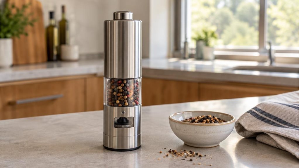 A photograph of a single stainless-steel spice cutter resting on a pale stone kitchen counter, composed as a horizontal 16:9 landscape scene. The compact cutter is the clear hero, with a brushed-metal body, a precise cutting mechanism, and a transparent section showing colorful peppercorns inside. It sits naturally beside a small ceramic bowl of freshly cracked spices and a folded linen kitchen towel, suggesting everyday use without showing anyone or capturing the product mid