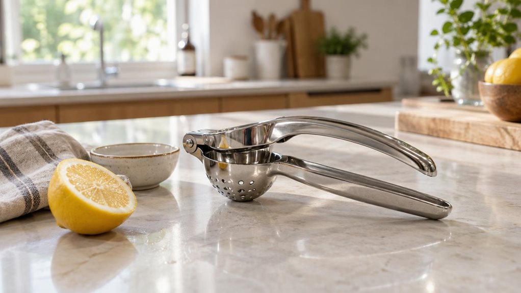 A photograph of a single stainless-steel lemon squeezer resting on a pale stone kitchen counter, composed as a horizontal 16:9 landscape scene. The polished, sculptural tool is the clear hero, its curved handles and perforated bowl catching soft highlights from a nearby window. A halved lemon and a small ceramic dish sit casually beside it, with a folded linen towel adding a lived-in touch. In the softly blurred background, a bright, modern kitchen with warm wood accents feel