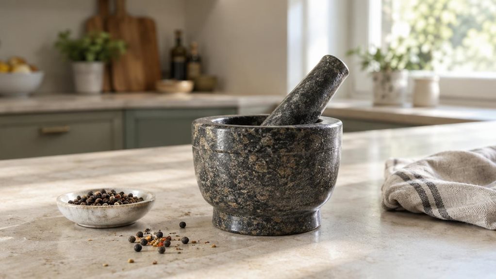 A photograph of a Zassenhaus Mano 076127 spice mortar, shown as the single hero product in a calm, modern kitchen. The mortar rests on a pale stone countertop beside a small dish of whole peppercorns and a casually folded linen towel, with a few spice flecks nearby suggesting everyday use without showing anyone mid-action. Its solid, carefully finished form and natural material are rendered with lifelike texture and subtle signs of handling. In the softly blurred background, 