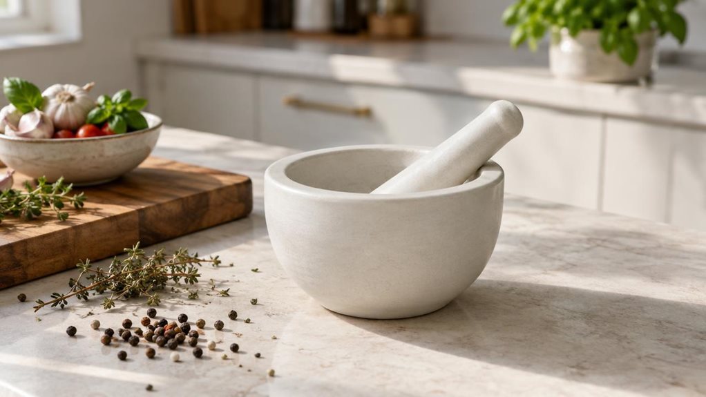 A photograph of a single ceramic mortar and pestle set resting on a pale stone kitchen countertop, composed as a horizontal 16:9 landscape scene. The rounded mortar has a smooth, matte off-white glaze, with its matching pestle nestled inside; a few whole peppercorns and dried herbs sit nearby as subtle kitchen details. The set is the clear hero, naturally placed beside a wooden cutting board and a small bowl of fresh ingredients, suggesting an everyday home kitchen without sh