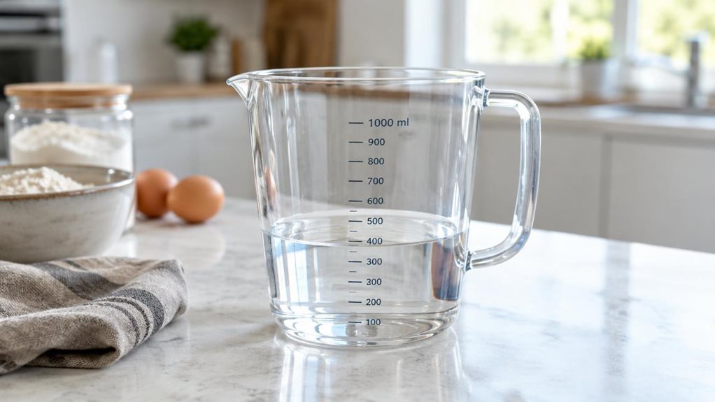 A photograph of a single clear 1000 ml measuring jug resting naturally on a bright, uncluttered kitchen counter, composed as a horizontal 16:9 landscape scene. The jug is the hero, shown at a slight angle with its sturdy handle, easy-pour spout, and crisp graduated measurement markings clearly visible; a small amount of water inside catches the light. A folded linen towel and a few understated baking ingredients sit nearby, suggesting a lived-in home kitchen without distracti