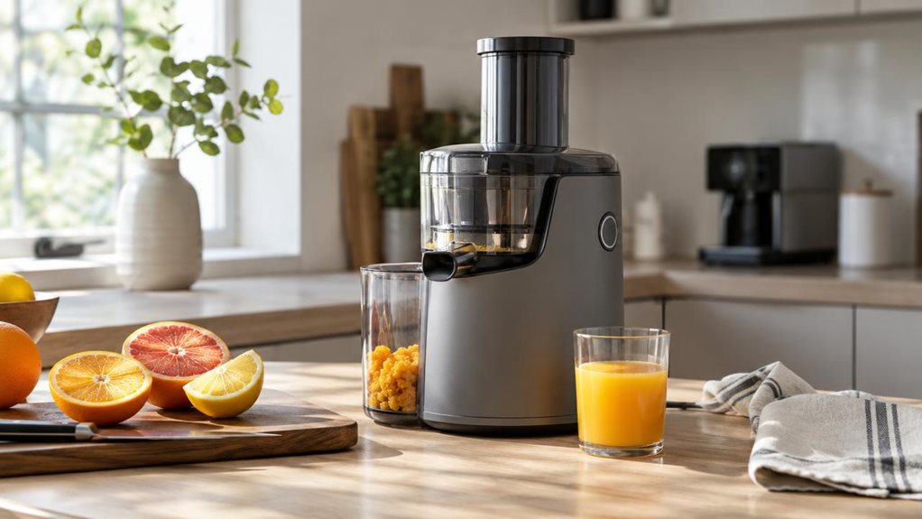 A photograph of a compact electric juicer set casually on a light oak kitchen counter in a horizontally composed 16:9 landscape scene, styled like a candid lifestyle review photo taken with a high-end camera. The juicer is the clear focal point, shown in-situ where it naturally belongs beside a cutting board with a few halved citrus fruits, a small glass of fresh juice, and a linen dish towel. Its clean, modern silhouette and matte finish feel minimalist and premium, with sub
