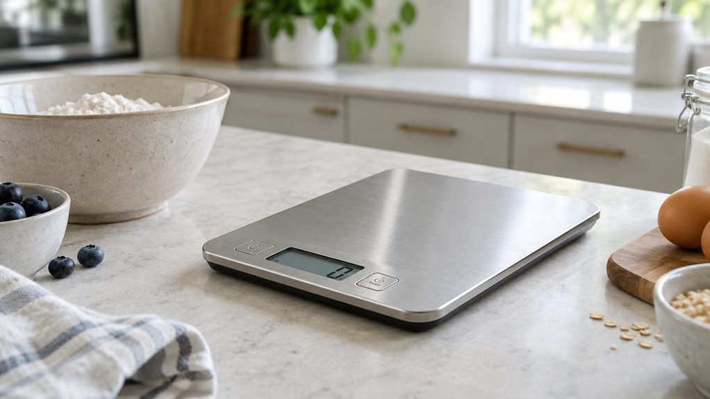 A photograph of a single stainless steel digital kitchen scale resting on a pale stone countertop in a bright, modern home kitchen. The scale is the clear hero, shown at a natural three-quarter angle with its brushed metal platform, slim profile, and unbranded digital display sharply in focus. A ceramic bowl and a few casually arranged ingredients sit nearby, suggesting everyday use without showing anyone or capturing an action. The horizontally composed 16:9 landscape scene 