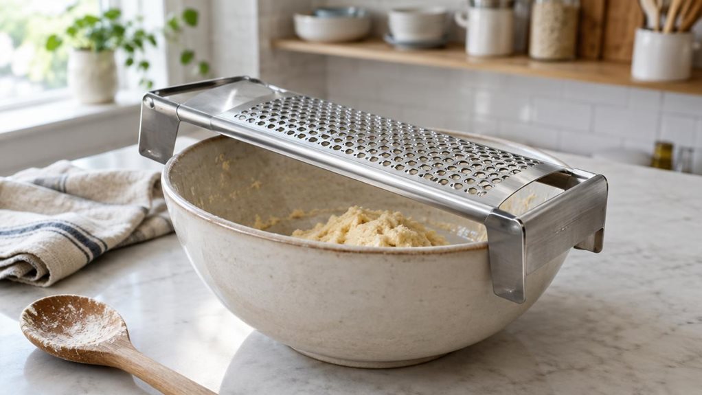 A photograph of a single stainless-steel Spätzle grater resting naturally across the rim of a ceramic mixing bowl on a bright, modern kitchen counter. The grater’s broad perforated surface and sturdy side supports are clearly visible, with a small amount of fresh dough in the bowl suggesting recent use without showing anyone mid-action. A folded linen tea towel and a wooden spoon sit nearby, adding quiet, everyday detail. The scene is composed horizontally in a 16:9 landscape