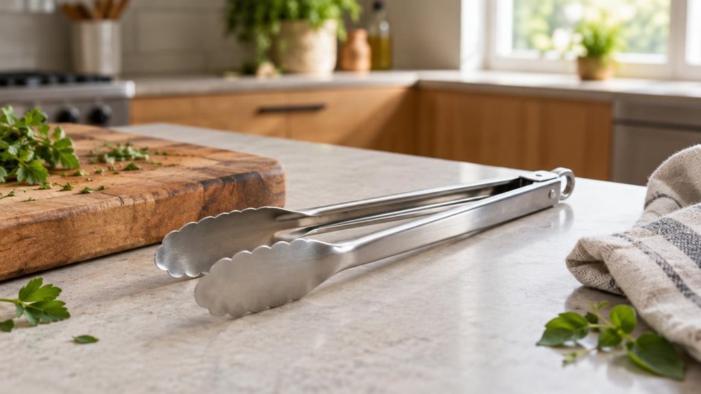 A photograph of a single pair of stainless-steel utility tongs resting naturally on a pale stone countertop beside a well-used wooden cutting board in a modern home kitchen. The tongs are the clear hero, angled gently across the counter with their scalloped gripping ends and joined handles in crisp focus; no packaging or other utensils compete for attention. A folded linen towel and a few fresh herb leaves sit nearby, suggesting everyday cooking without making the scene feel 