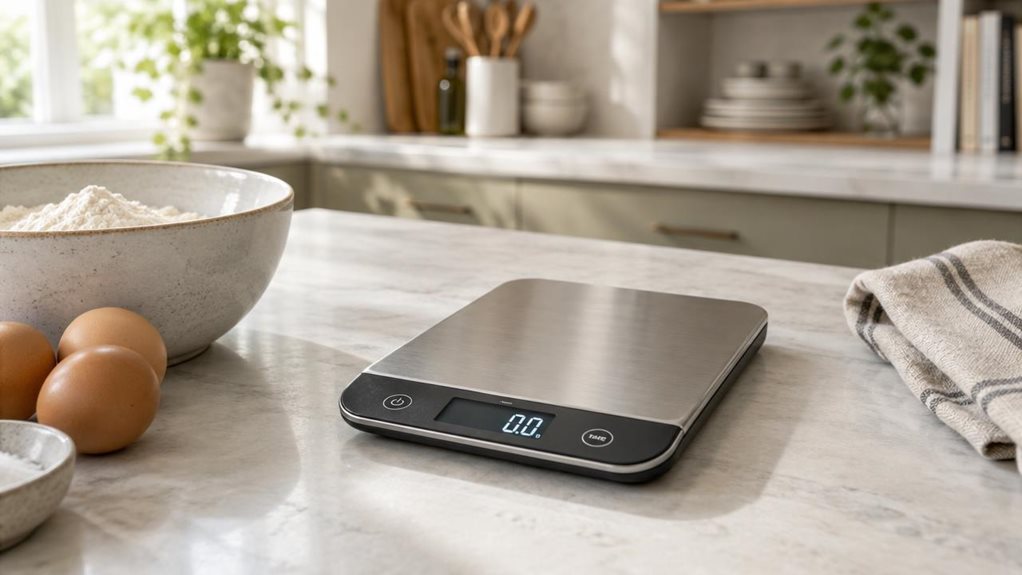 A photograph of a single digital kitchen scale resting on a pale stone countertop in a calm, modern kitchen, composed horizontally in a 16:9 landscape frame. The scale is the clear hero: a compact, slim platform with a brushed stainless-steel weighing surface, a dark, easy-to-read digital display, and understated touch controls. Nearby, a ceramic bowl of flour, a few eggs, and a folded linen towel suggest everyday baking without making the scene feel staged or mid-action. Sof