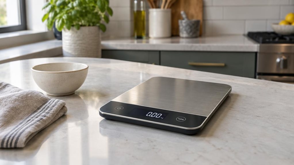 A photograph of a single sleek digital kitchen scale resting on a pale stone countertop in a modern home kitchen, composed horizontally in a 16:9 landscape frame. Its slim, brushed-metal weighing platform and compact dark display are clearly visible, with the display showing a weight of 0.00 kg and subtle touch controls beneath it. A small ceramic bowl and a folded linen towel sit nearby, suggesting everyday use without making the scene feel staged. The scale is the clear her
