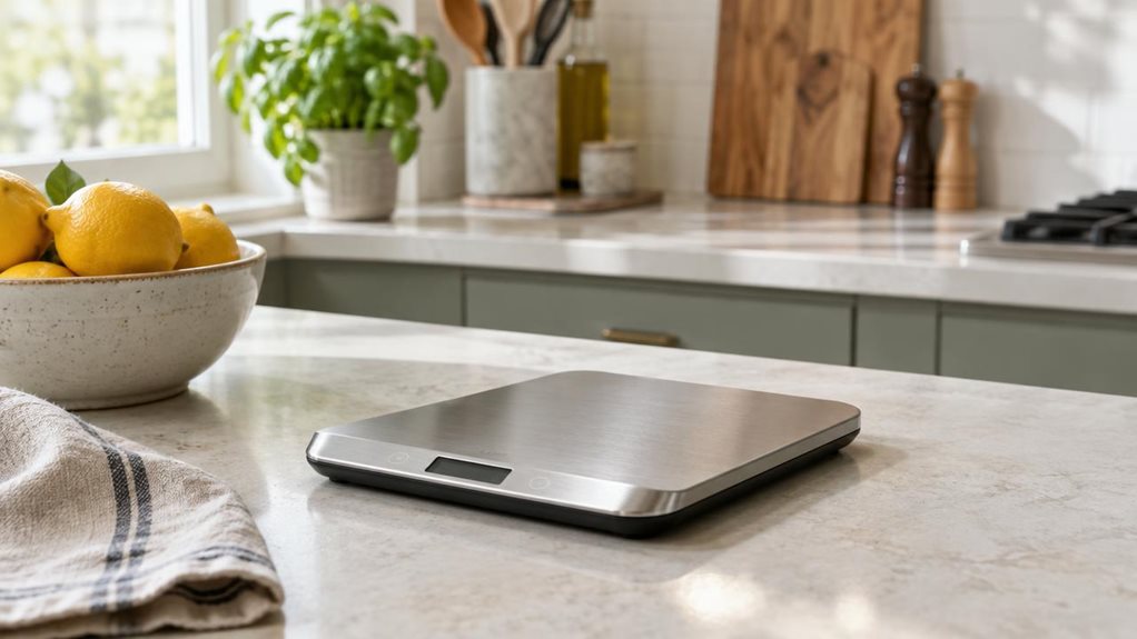 A photograph of a single digital kitchen scale resting on a pale stone countertop in a bright, modern home kitchen, composed horizontally in a 16:9 landscape frame. The scale is the clear hero: a low-profile rectangular platform with a smooth stainless-steel weighing surface, subtle rounded corners, and a small, dark digital display along its front edge. A ceramic bowl of fresh lemons and a folded linen tea towel sit nearby, suggesting everyday kitchen use without obscuring t