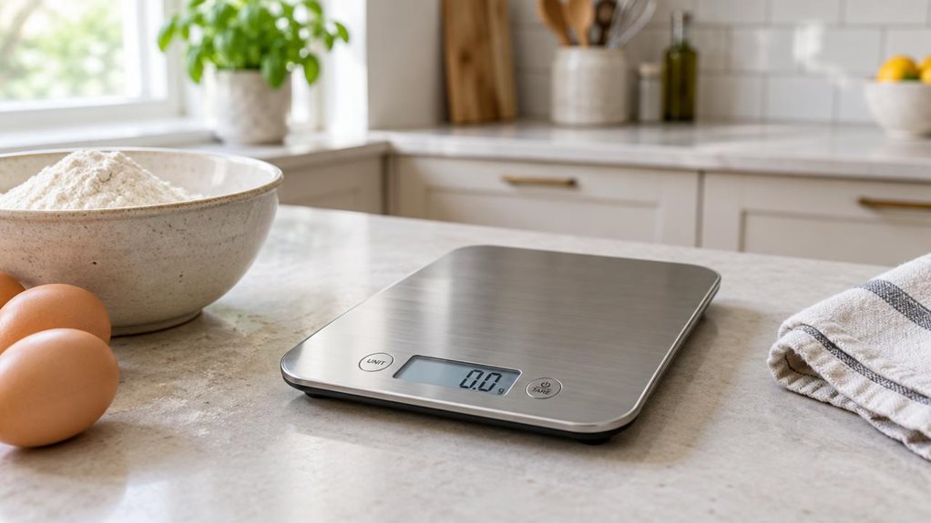 A photograph of a single digital kitchen scale resting on a pale stone countertop in a bright, modern home kitchen, composed horizontally in a 16:9 landscape frame. The scale is the clear hero: a slim, brushed stainless-steel platform with softly rounded corners and a small, crisp LCD display showing a weight reading, its understated buttons and precise finish visible in detail. Nearby, a ceramic bowl of flour, a few eggs, and a folded linen tea towel suggest everyday baking 