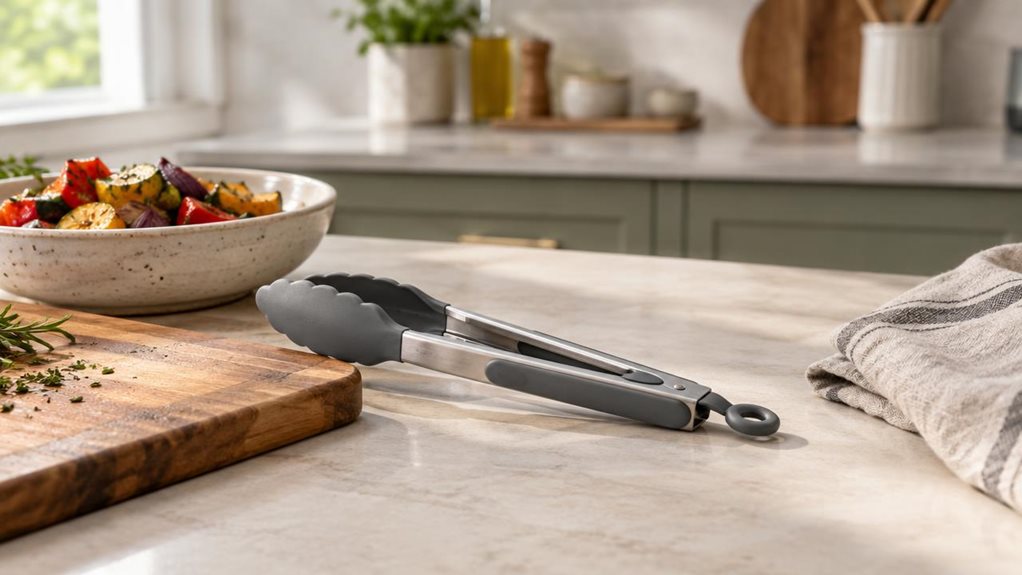 A photograph of a single pair of 26 cm silicone kitchen tongs resting casually beside a wooden cutting board on a clean, modern kitchen counter. The tongs are the clear hero, their gently curved silicone tips and sturdy handles shown in crisp detail, with a small ceramic bowl of roasted vegetables and a folded linen towel nearby to suggest everyday use. The scene feels candid and observational, as if captured between cooking tasks rather than staged mid-action. Soft natural w