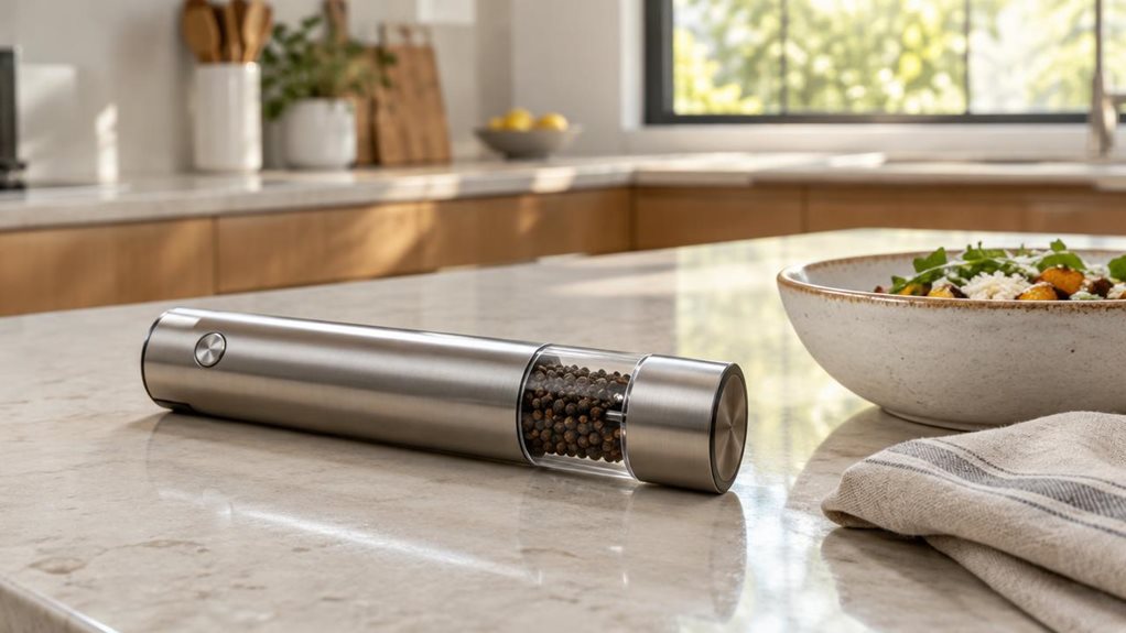 A photograph of a single sleek electric pepper mill resting on a pale stone kitchen counter, composed horizontally in a 16:9 landscape frame. Its brushed stainless-steel body and clear seasoning chamber catch the soft morning light, with black peppercorns visible inside. The mill is the clear hero, shown naturally beside a small ceramic bowl of freshly prepared food and a folded linen napkin, as though left there during an everyday meal. In the softly blurred background, a co