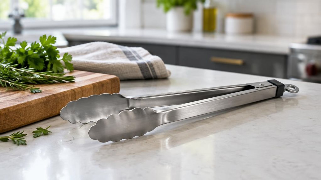 A photograph of a single pair of stainless-steel multi-purpose kitchen tongs resting naturally beside a wooden cutting board on a clean, modern kitchen counter. The tongs are the clear hero, shown in crisp detail with brushed metal arms, scalloped gripping ends, and a simple locking mechanism; no packaging or other utensils distract from them. A folded linen towel and a few fresh herbs sit nearby, suggesting everyday cooking without showing anyone mid-action. The horizontally